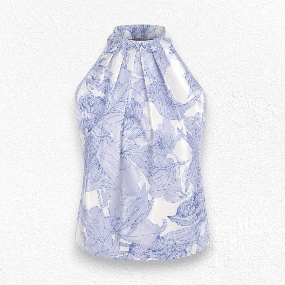 Keepsake Blue White Floral Satin Halter High Neck Backless Blouse Size XS